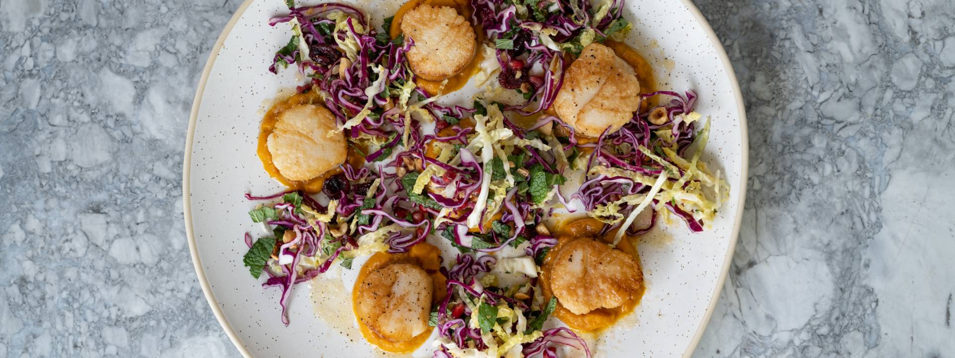 PAN-SEARED SCALLOPS WITH BUTTERNUT SQUASH PUREE & POMEGRANATE-QUINCE SLAW